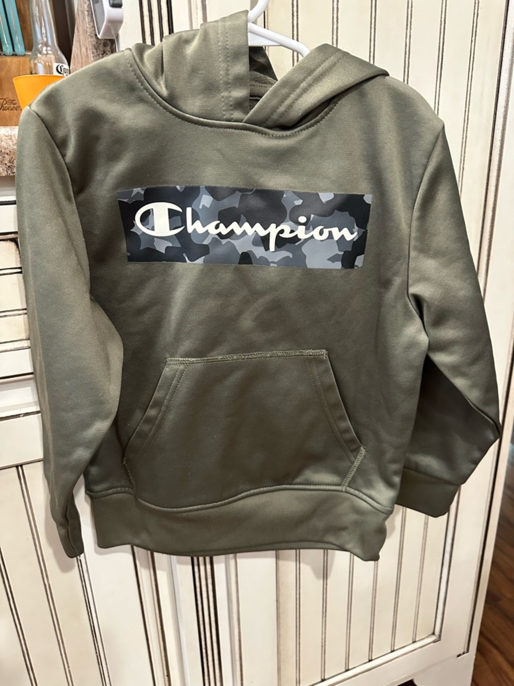 Champion Olive Green Hoodie with Gray Camo Logo